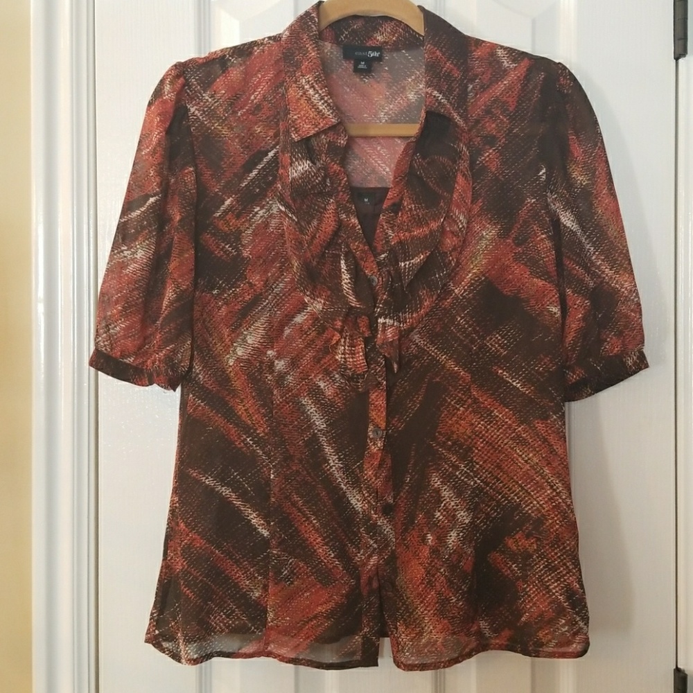 Brown & rusty orange ruffled lapel blouse, 2 piece